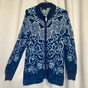 VTG BOB MACKIE WEARABLE ART Blue & White Large Sweater Floral - Designer